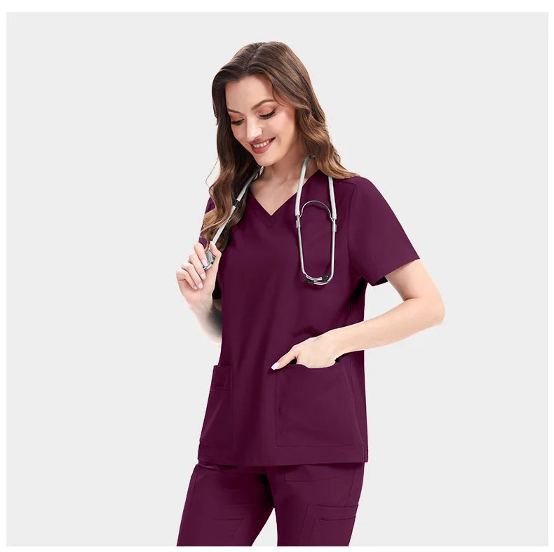 Wine Red Slim Fit Two-Piece Scrub Set